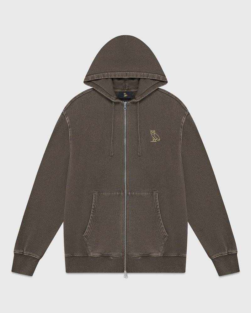 sweaters octobers very own ovo muskoka stückgefärbter kapuzenpullover mit durchgehendem reißverschluss braun